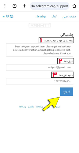 فیلد های وارد کردن اطلاعات مورد نیاز جهت بازیابی پیام های پاک شده تلگرام